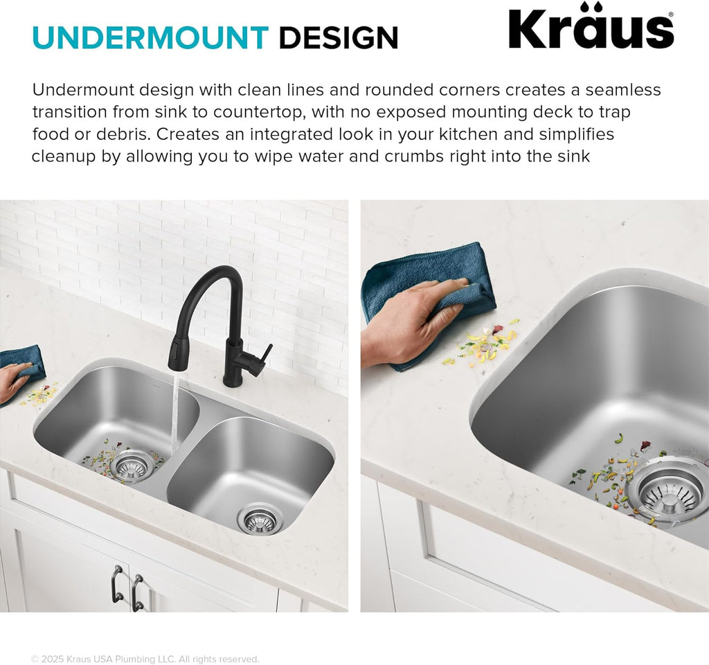 KBU22 32 Inch Undermount 50/50 Double Bowl 16 Gauge Stainless Steel Kitchen Sink