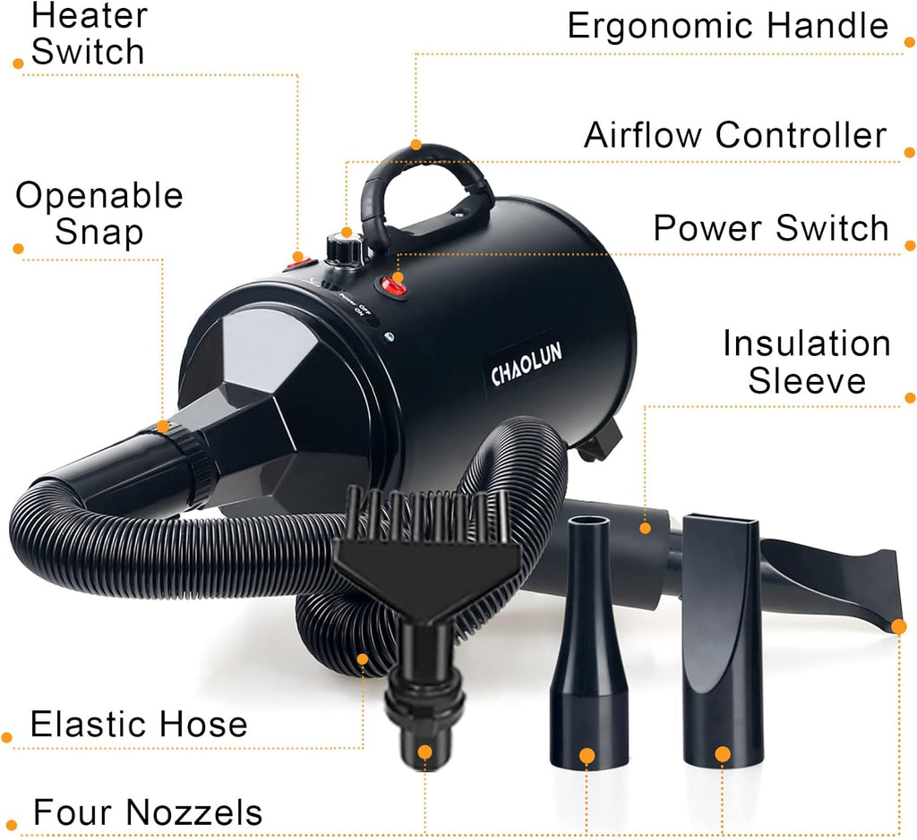High Velocity Dog Dryer Blower, Professional Dog Grooming Dryer, Dog Blow Dryer 3.8HP, Pet Hair Dryer with Heater, Powerful Blow Force, Stepless Adjustable Speed, Quickly Dry, Black