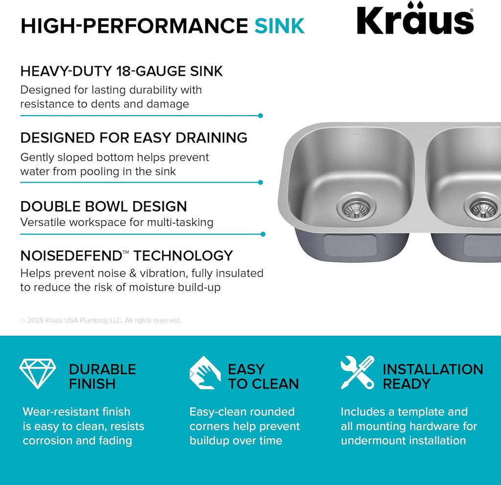 KBU22 32 Inch Undermount 50/50 Double Bowl 16 Gauge Stainless Steel Kitchen Sink