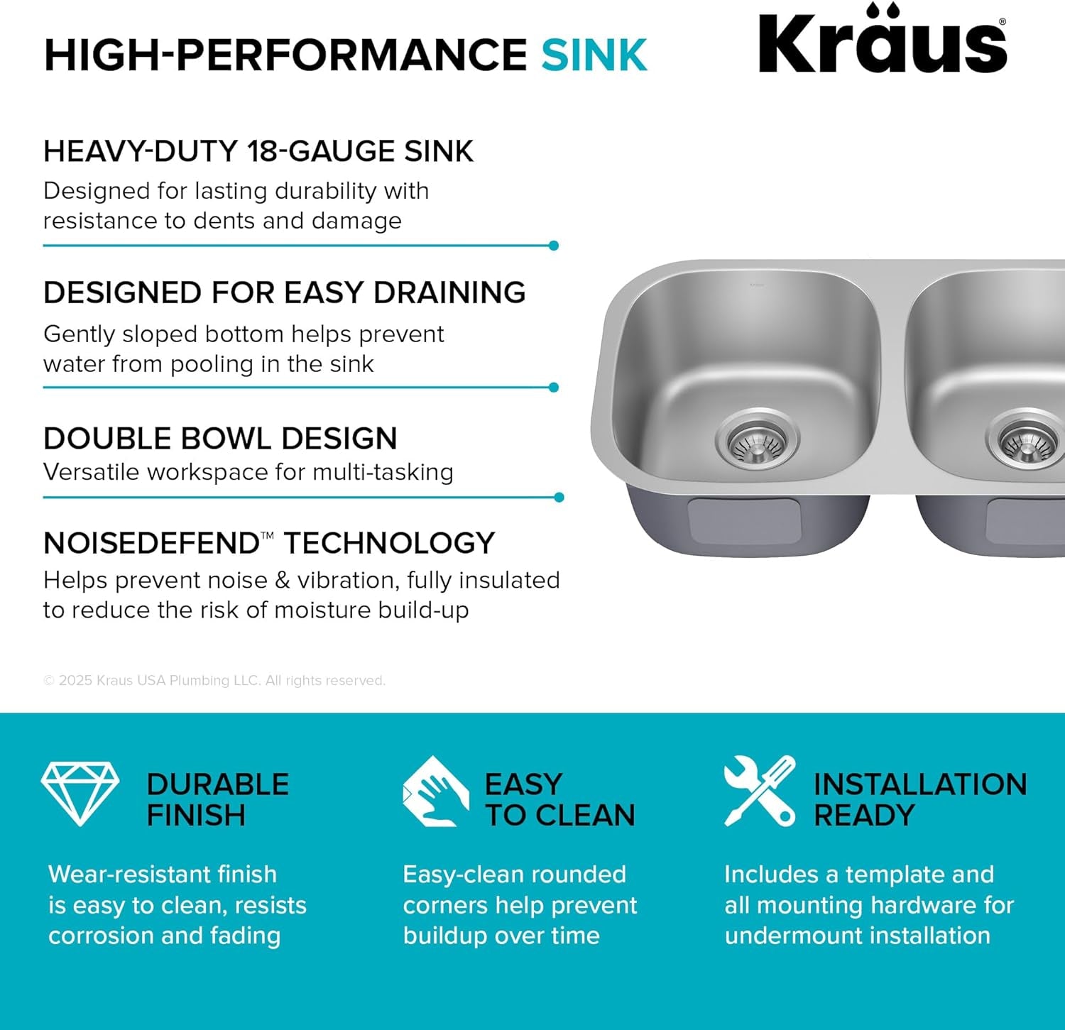 KBU22 32 Inch Undermount 50/50 Double Bowl 16 Gauge Stainless Steel Kitchen Sink